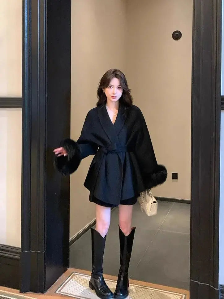 Elegant Lace Up Woolen Overcoat