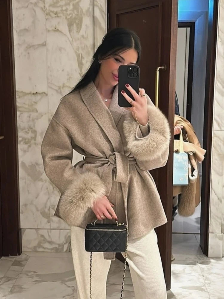 Elegant Lace Up Woolen Overcoat