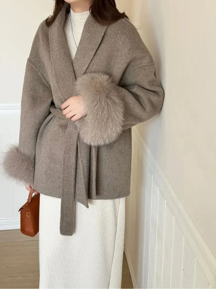 Elegant Lace Up Woolen Overcoat