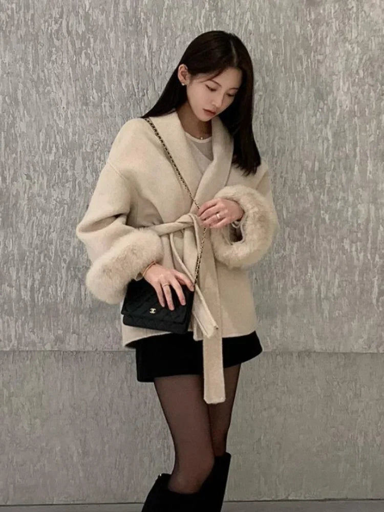Elegant Lace Up Woolen Overcoat