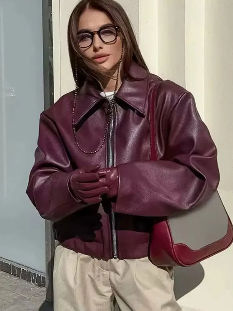 Wine Red Faux Leather Jakcet