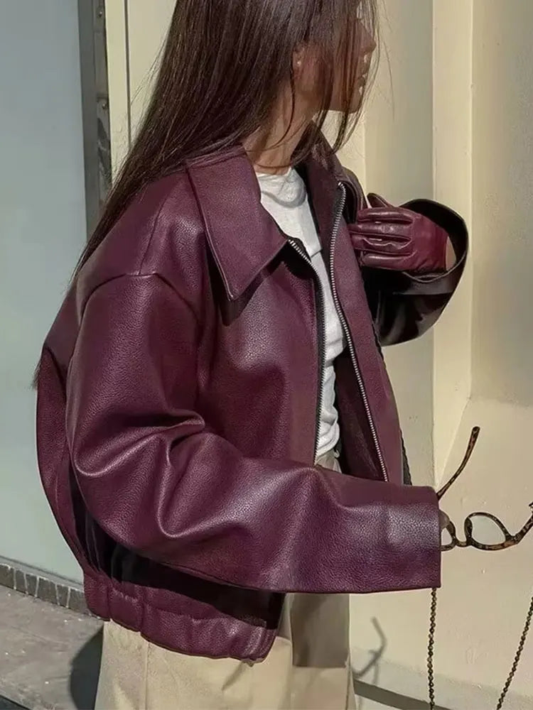 Wine Red Faux Leather Jakcet