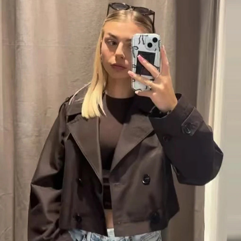 Autumn Chocolate Brown Cropped Trench Coat