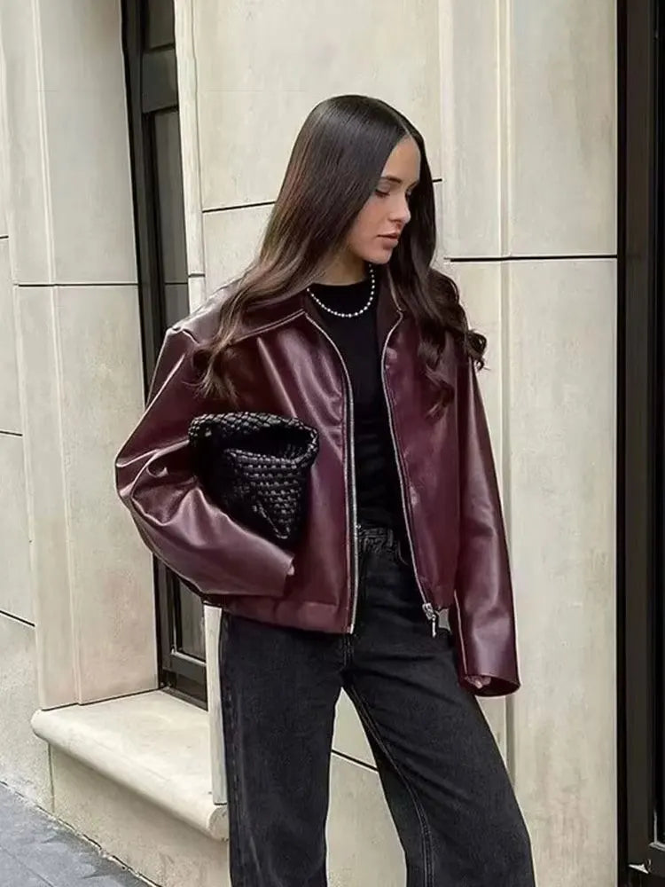 Wine Red Faux Leather Jakcet