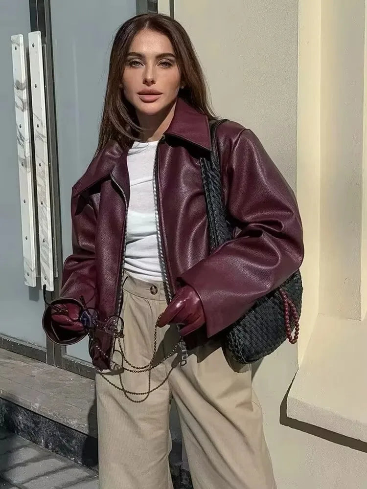 Wine Red Faux Leather Jakcet