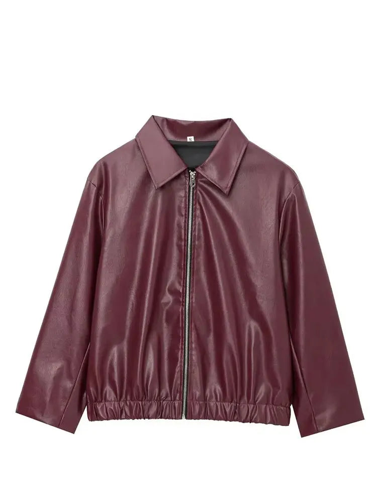 Wine Red Faux Leather Jakcet